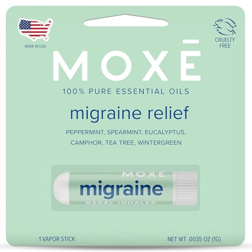 MOXE Migraine Relief Nasal Inhaler, Essential Oils for Headaches & Tension Relief, Portable Aromatherapy, Easy-to-Use, Pure & Undiluted, Peppermint, Spearmint, Eucalyptus, Tea Tree, USA Made, 1 Pack