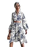 Floerns Women's Floral Print V Neck Ruffle Hem Lantern Long Sleeve Midi Dress Blue White S