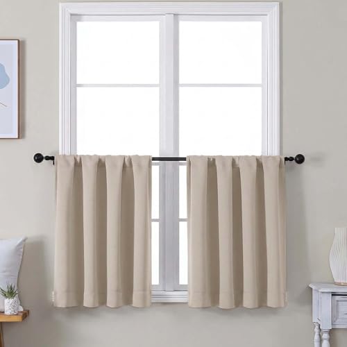 Image of Simplebrand Ava Biscotti Beige Short 30 Inches Blackout Curtain 2 Panels Set, Half Window Rod Pocket Privacy Curtain Tiers for Kitchen, Curtains Blackout for Bathroom Shades, W30 x L30 Inch, Navy Blue