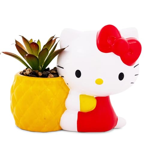 Silver Buffalo Sanrio Hello Kitty Pineapple 3-Inch Sculpted Ceramic Mini Planter with Artificial Succulent | Cute Flower Pot Faux Indoor Plants