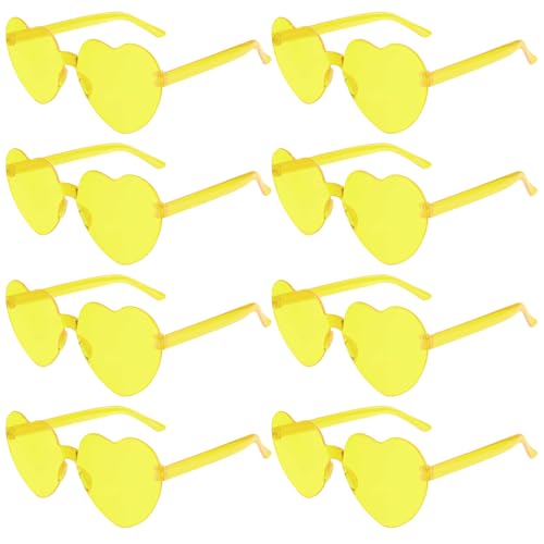 PLULON 8 Pairs Heart Sunglasses for Women Yellow Heart Glasses Rimless Shaped Sunglasses Candy Color Fun Glasses for Party Favor (Light Yellow)