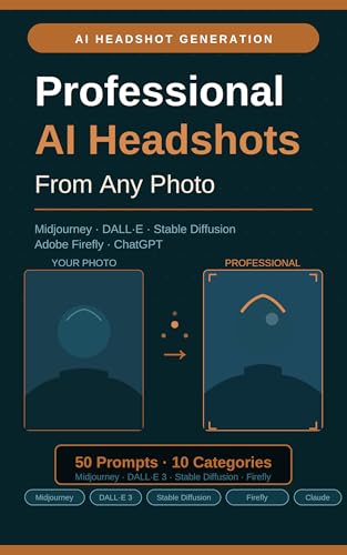Professional AI Headshots From Any Photo: 50 Copy-Paste Prompts for Midjourney, DALL·E, Stable Diffusion, Adobe Firefly & ChatGPT (The AI Prompt Library)