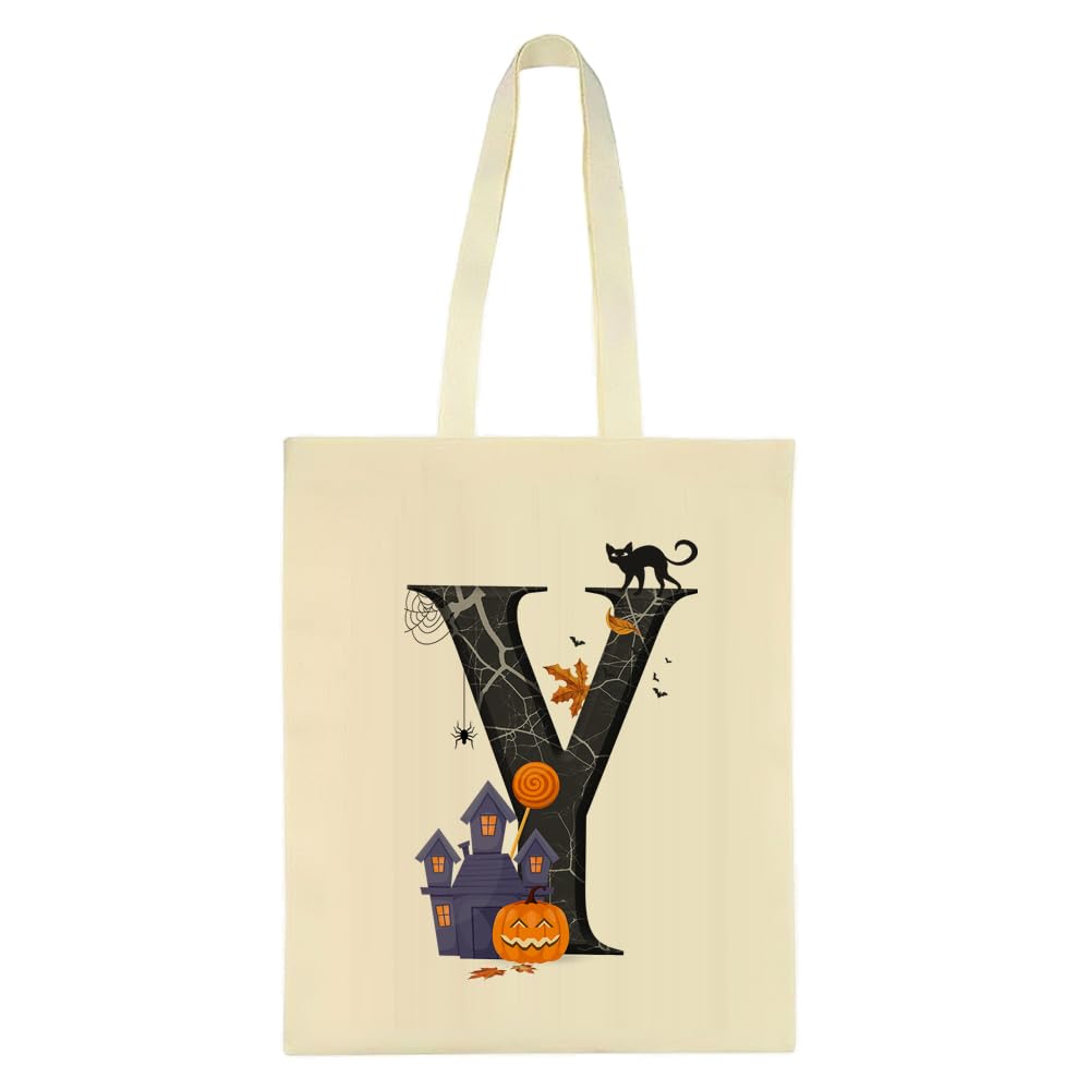 Halloween Initial Tote Bags Gifts for Girl, Trick or Treat Bag, Halloween Letter Bag, Pumpkin Party, Reusable Bag, Shopping Bag, Natural Tote Bag. (Y)