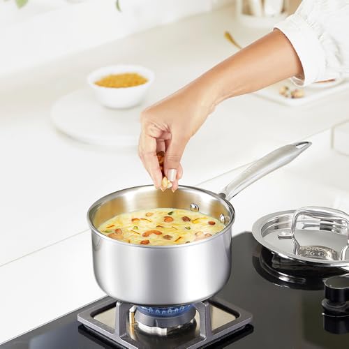 Image of Borosil Cookfresh Triply Stainless Steel 16cm (1.7L) Straight Shape Sauce Pan with Lid | SS304 Food Grade Steel, Dishwasher Safe | Compatible for Gas, Induction, Hot Plate, Halogen | 5 Years Warranty