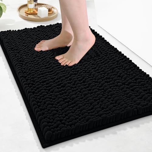 Arotive Luxury Chenille Bathroom Rug Mat, Extra Soft Thick Absorbent Shaggy Bath Rugs, Non-Slip Machine Wash Dry, Plush Bath Mats for Bathroom, Shower and Tub, 24x16, Black