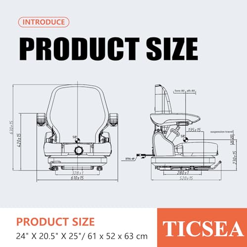 Tractor Suspension Seat, Highback Low Mower Seat, Adjustable Backrest and Slide Rails, Armrests Shock Absorber Heavy Duty Seat for Toro Forklift Mower Excavator Harvester