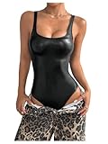WDIRARA Women's PU Leather Bodysuit Square Neck Sleeveless Leotard Tank Body Suit Black Small