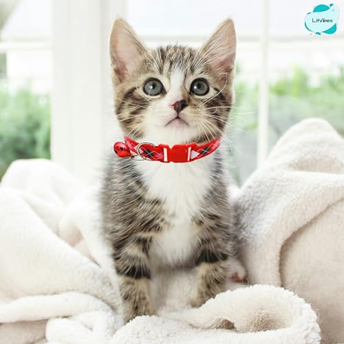 Image of Cat & Puppy Collar with Bell,Kitten & Small Dogs Soft Adjustable,Safe,Solid & Protective Breakaway for Cats & Puppies,Cute Kitty Neckband with Diamond Print-(Red)