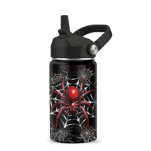 Spider Gifts for Boy, 12 oz Water Bottle with Straw Lid, Stainless Steel Vacuum Insulated Bottle, Leakproof, Spiders Webs Cup Gifts for Birthday Holiday