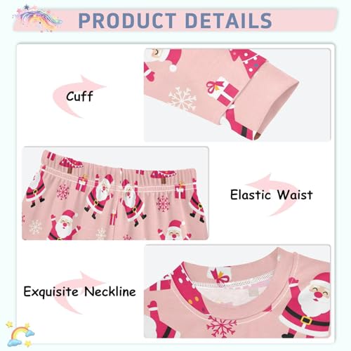 Pajama Sets Long Sleeve Christmas Santa Trees Snowflakes Pink Soft Comfy Sleepwear 2 Piece PJS 3-8T4