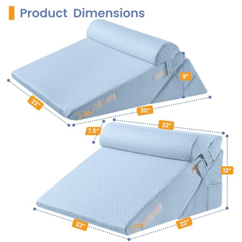 Image of Sasttie Wedge Pillow Set for After Surgery, 2PCS Adjustable Bed Wedge Pillow Headboard with Memory Foam Neck Cushion - for Acid Reflux, Sleeping, Neck & Back Support, Blue