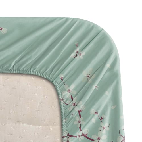 Image of BLISSHOME SoftTouch 140TC Cotton King Size Fitted Bedsheet with 2 Pillow Covers, Silky Smooth Bedding Set, Breathable, Easy Maintain, Floral Print - Green, Ivory (182cm x 198cm x 25cm Drop)
