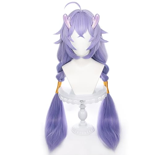 Image of Anime Purple Wigs with Bangs Long Straight Loose Wig with Two Braid Ponytail Adult COS Game Dragon Bai Cosplay Wigs Halloween,Christmas,Comic con,Game Show,Party