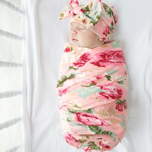 Image of AQOKKA Baby Swaddle Blankets with Bow Hat Headband Set Infant Receiving Blankets Swaddles for Newborns Unisex Toddler Swaddle Wrap Sets for Baby Girls Boys Nursery Warm Shower Gift