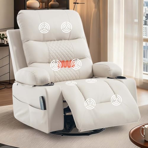 KCQ Power Swivel Rocker Recliner with Massage and Heat USB Port, Overstuffed Faux Leather Electric Rocking Recliner Chair Swivel Glider Chairs for Nursery, White