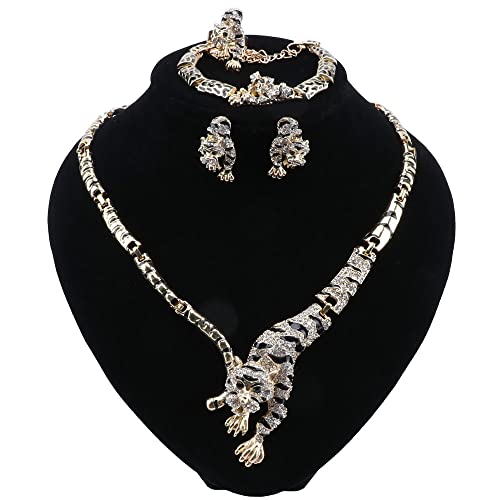 Trendy Gold Color Handmade Enameled Leopard Tigle Crystal Necklace Bracelet Earrings Ring Party Costume Jewelry Sets4