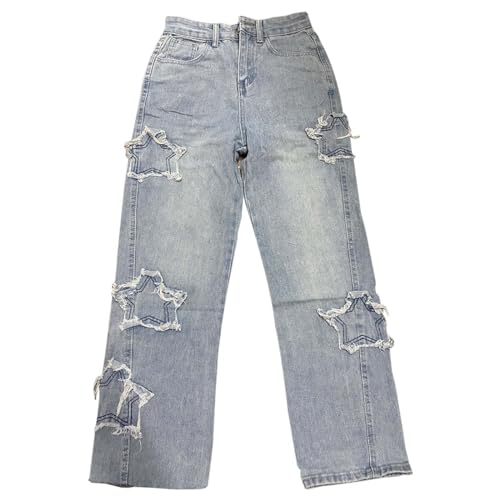 Womens Baggy Jeans Trendy Y2K Star Embroidered Boyfriend Denim Pants High Waisted Wide Leg Trousers with Pockets3