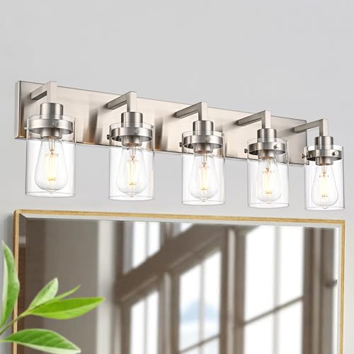 Image of 5 Light Metal Base Wall Mount Lighting with Clear Glass Shade,Brushed Nickel Bathroom Light Fixtures Bath Wall Sconces for Mirror, Kitchen,Hallway