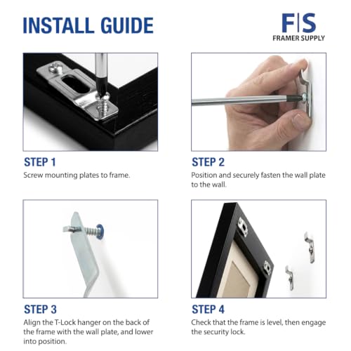 Image of Framer Supply T-Lock Security Picture Hangers, Heavy Duty Hardware, Set with 1 Wrench | Anti Theft Frame Lock Hanging Kit for Wood & Metal Frames, Museums, Galleries, Hotels, Silver (100 Pack)