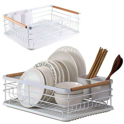 Dish rack drainer, Anti-Rust White metal dish drainer rack with dip Tray, Separate Cutlery Holder, White and wood dish drainer Wooden Handles Dish Drying Rak for kitchen Countertop Easy Clean Assembly