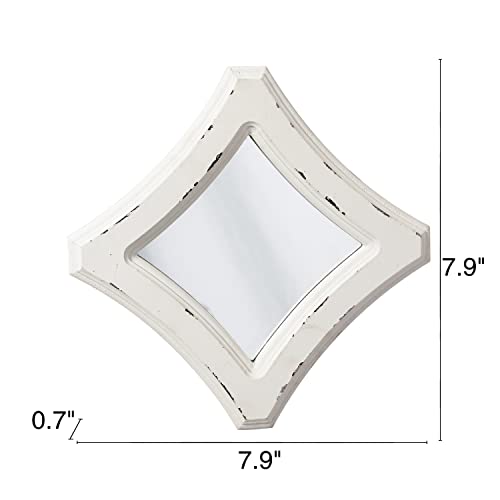 Farmhouse Small Decorative Mirrors For Wall Decor Living Room 7.9 Inch, Hanging Distressed White Vintage Wood Frame Bedroom Mirror, Rustic Rhombus Wall Mounted Mirror For Home Decor Bathroom Fireplace #TOP1