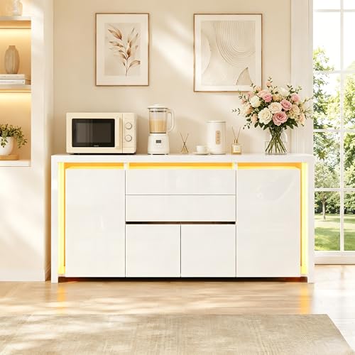 UTTQEW Buffet Blanc Laqué 4 Portes 2 Tiroirs avec Éclairage LED, Meuble de Rangement Commode Moderne, Buffet de Cuisine pour Salon, Cuisine ou Entrée,...