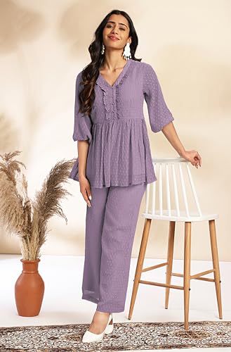 Image of Janasya Women's Dobby Chiffon Woven Design Co-Ord Set