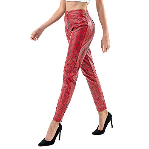Women’s Red Snake Print Faux Leather Pants – High Waist Slim Fit Zipper Front Trousers4
