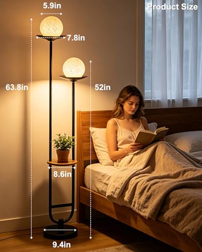 Image of Lightdot 63IN Black Floor Lamp with U Pole, 2 Globe Mid Century Standing Lamps Dimmable with 3000K Warm White LED Bulbs& Grey Shade, Unique Vintage Tall Floor Lamp for Living Room /Wedding /Party