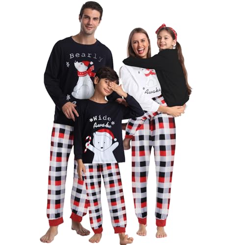 ENJOYNIGHT Weihnachten Schlafanzug Familien Pyjama Set Langarm Top und Hose Nachtwäsche Familie Weihnachtsoutfit Set (X-Large,Damen-Kariert-Bär)