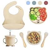vajilla bebe de silicona, 6 piezas, libre de BPA, platos con ventosa antideslizante y impermeable, vaso con pajita antiahogo y cubiertos con mango de madera. Vajilla infantil. Babero de silicona