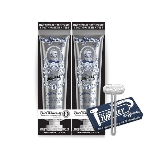 Dr. Sheffield's Extra Whitening Fluoride Free Toothpaste, Mint, SLS Free, NPA Certified, 2 Pack + Stainless Steel Toothpaste Tube Squeezer Key