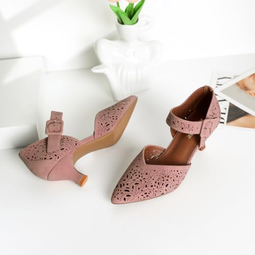 Image of RIBONGZ Comfortable Kitten Heels for Women Pointed Closed Toe Ankle Strap Buckle Heels Slip on Low Heel Church Pumps Wedding Bridal Party Dressy Shoes