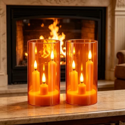 Image of Da by 2 Pack 3D Wick Flameless Taper Candles, Orange Transparent Acrylic Cover, Remote Control Flickering LED Electric Candles, Battery Operated for Halloween Thanksgiving Christmas Home Decor.