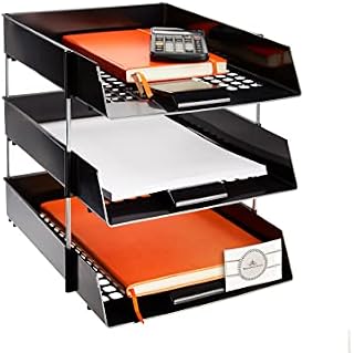 5 Star A4 Black Plastic Letter File Trays Including Risers & Self Adhesive Label Holder (3 Trays/2 Riser Sets)