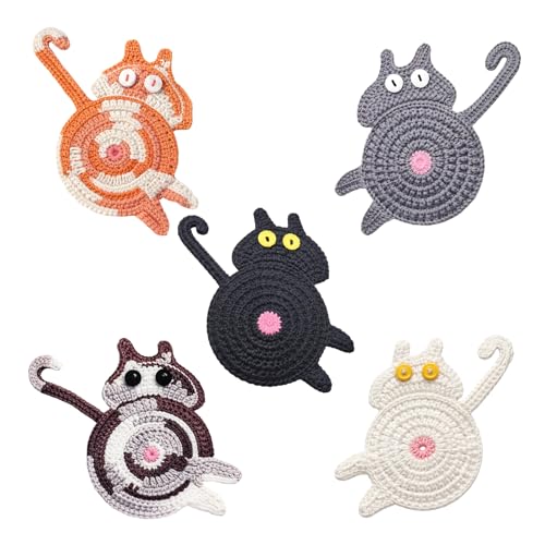 5Pcs Cat Coasters Wooden Drink Mats Whimsical Feline Designs for Table Protection Natural Wood Material with Distinctive Cat Patterns Ideal for Home and Office Use