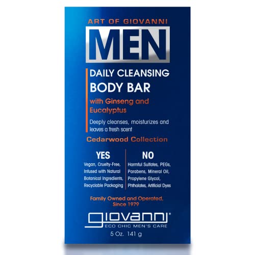 Giovanni Menâ€™s Daily Cleansing Body Bar, with Ginseng and Eucalyptus, Deeply Cleanses & Moisturizes for Hydrated Skin, Menâ€™s Cedarwood Collection For All Skin Types, Vegan-Friendly - 5 oz