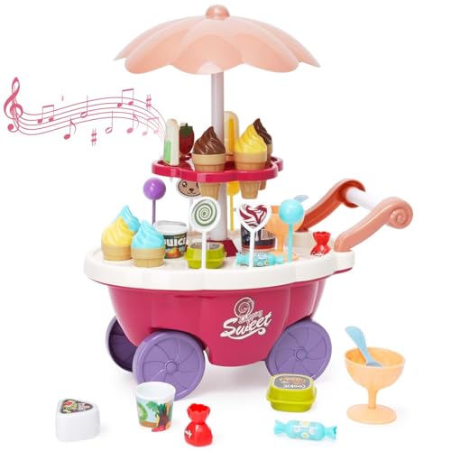Carrito de Helados para Niños, Heladeria Juguete 36 Piezas , Juguete de Helado con Piruletas de Chocolate, Tienda de Helados Educativos Regalo para Niñas 3 4 5 6 años