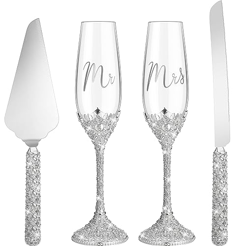 Sratte 4 Pcs Wedding Cake Knife and Champagne Flutes Server