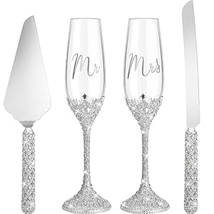 Sratte 4 Pcs Wedding Cake Knife and Champagne Flutes Server Set, Toasting Crystal Rhinestone Champagne Flutes Glasses Cake Knife Pie Server Wedding Gifts for Couple Bride Groom (Silver,Elegant)