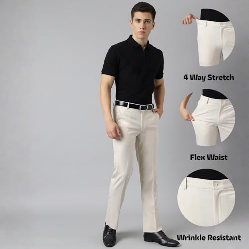 Image of SUBTRACT Men 4 Way Stretch Wrinkle Free Slim Fit Formal Trouser in with 2 Inch Flexible Waistband | Men's Trousers for Office Or Party