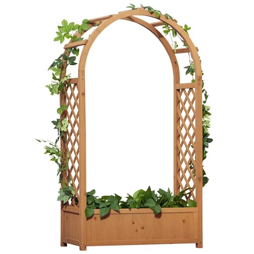 Outsunny Jardinière rectangulaire sur Pied avec Treillis et Arche - 83 x 36 x 152 cm - Fond à Lattes - Bois Sapin pré-huilé