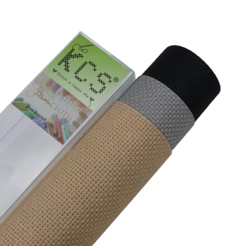 Image of KCS 3 pc of 15 inch x 18 inch(38cmx45cm) 14 Count Cross Stitch Cotton Aida Cloth Needlework Rolled Fabric Box,14CT,Khaki+Medium Grey+Black