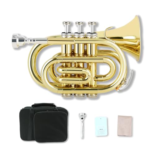 Brass Pocket Trumpet Bb Key Nickel Plated with Mouthpiece 7C, Cleaning Kit, Carrying Case, Gloves for Beginners/Students (Golden)
