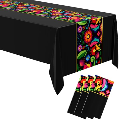 Oudain 3 Pcs 108 x 54'' Mexican Party Decor Fiesta Tablecloth, Black