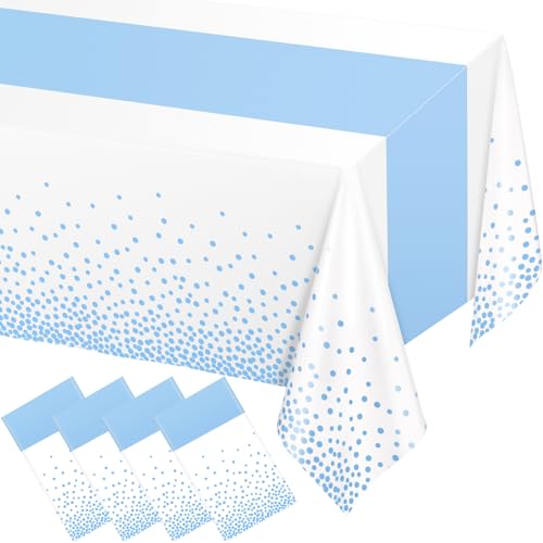 Image of WNINK 4 Pack White and Light Blue Tablecloths, Light Blue Disposable Plastic Waterproof Table Cover, 54 inch x 108 inch, for Birthday, Baby Shower,Wedding, Bridal Shower, Picnic Camping Parties