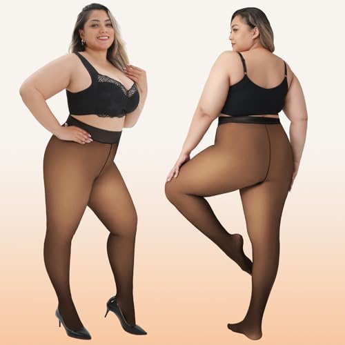 Image of WiliW Plus Size Fleece Lined Tights for Women, Sheer Winter Warm High Waist Thermal Tights Fake Translucent