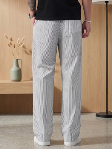 Image of Men's Casual Striped Trouser | Relaxed Fit Drawstring Pants for Men | Elastic Waist Straight Fit Lounge Trousers | Lightweight Summer Cotton Bottoms | Comfortable Daily, Beach, Travel Pants