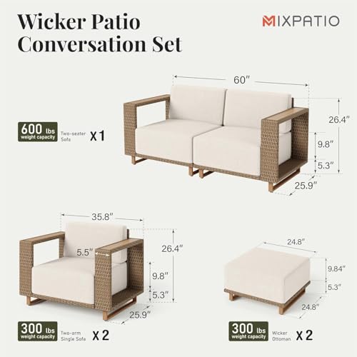 Image of MIXPATIO Patio Furniture Set, 5 Piece Outdoor Wicker Sofa Couch, Deep Seating Yellow Rattan Conversation Sets with 10-inch Thick Cushions, Low Profile Deck Backyard Lawn Furniture