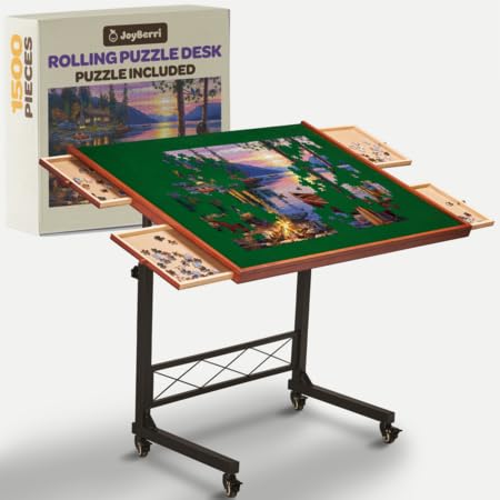 JoyBerri Jigsaw Puzzle Table/Rolling Desk - 1500 Piece Puzzle Board/Portable Jigsaw Tables with Drawers and Legs - Height Adjustable for Adults and Kids